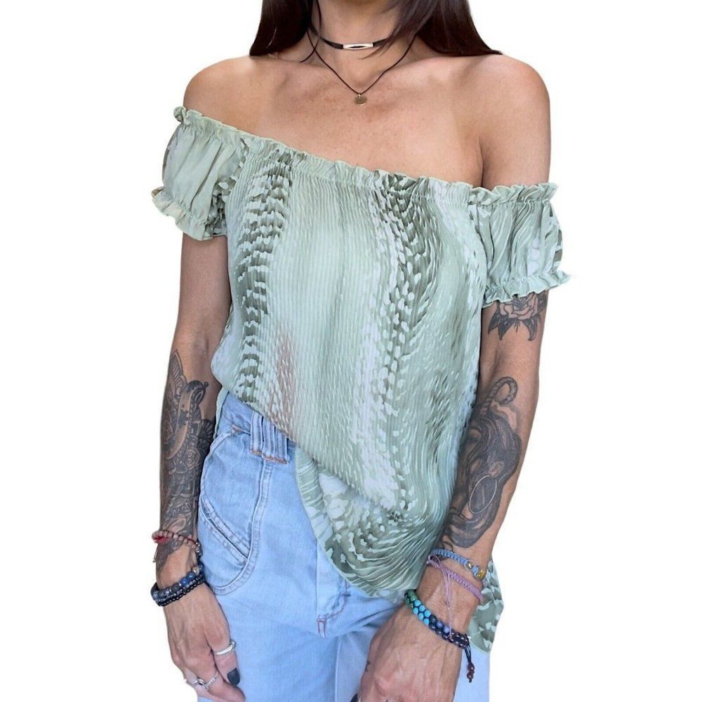 Vintage Y2K 2000’s Jaipur green ribbed abstract off the shoulder peasant shirt M